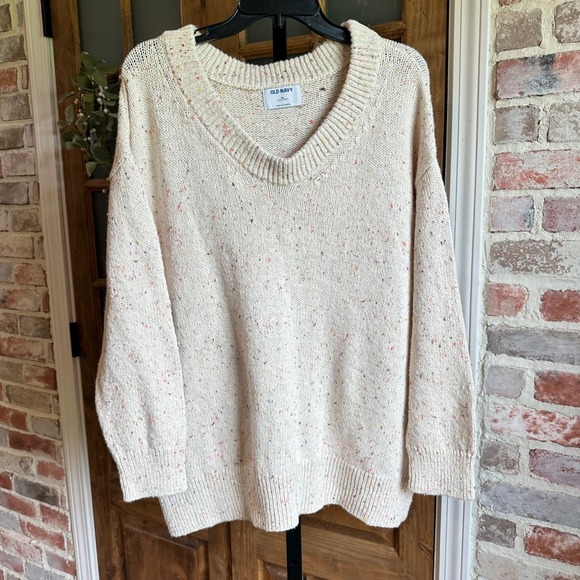 Old Navy Sweaters - Old Navy Sweater Women 2X Cream Confetti Speckled V-Neck Oversized Tunic Knit